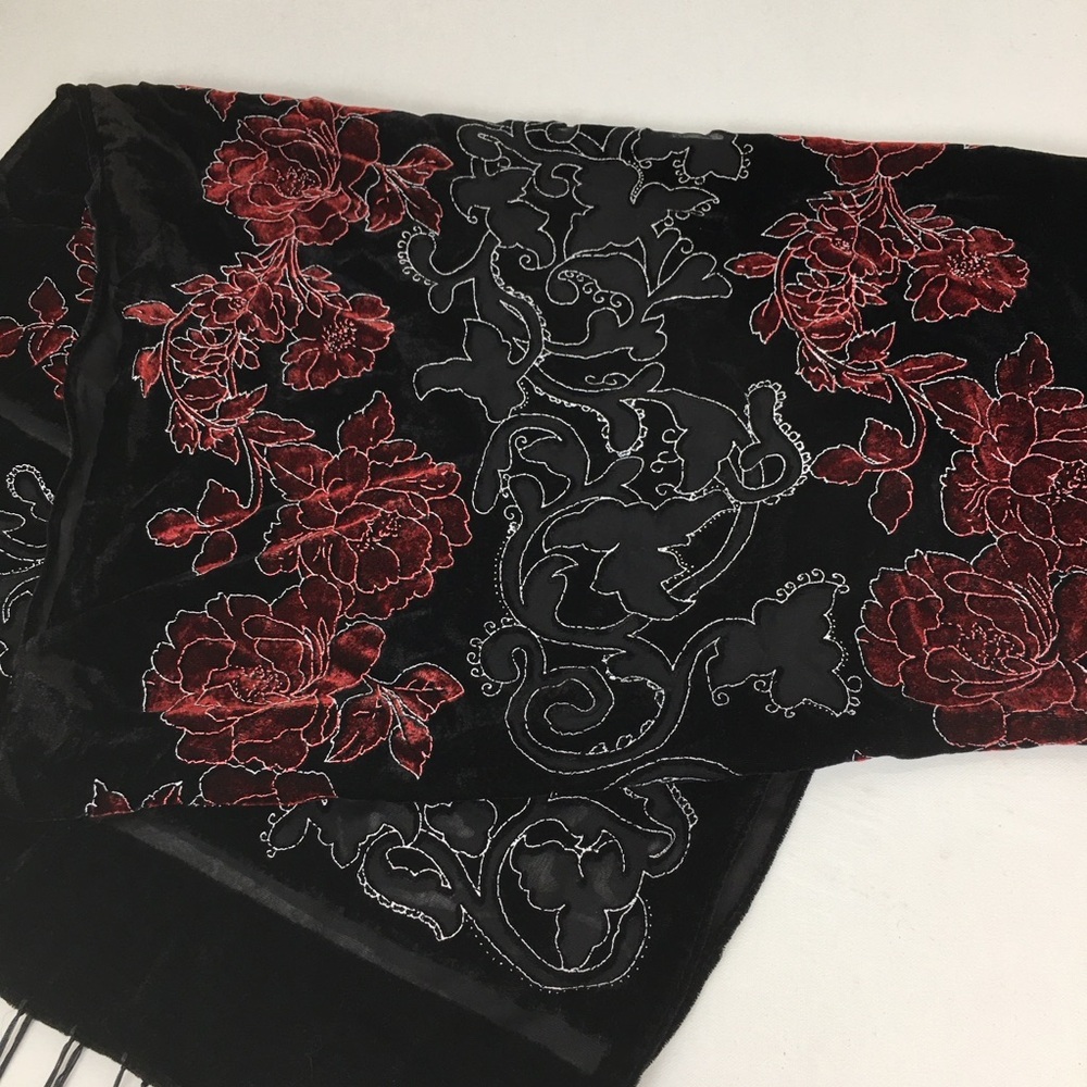 Floral Velvet Burnout Wide Scarf Wrap Black Red Sheer Fringe Evening Romantic - Picture 4 of 15
